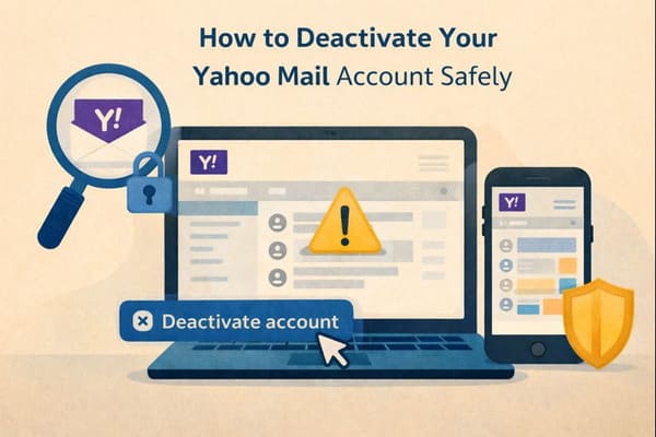 Illustration showing how to safely deactivate a Yahoo Mail account, with a laptop and smartphone displaying Yahoo Mail, a deactivate account button, and security icons