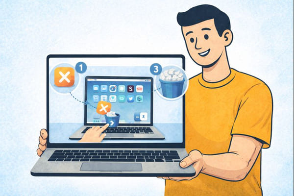 Illustration showing how to erase an app on a Mac step by step, with a MacBook screen displaying app icons being dragged to the Trash.
