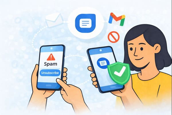 Illustration showing how the Google Messages unsubscribe feature works to stop spam messages on Android