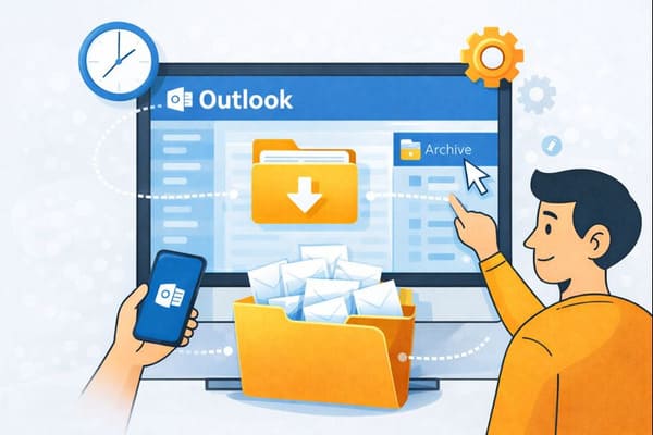Illustration of archiving emails in Microsoft Outlook, showing the archive folder and Outlook app on desktop and mobile