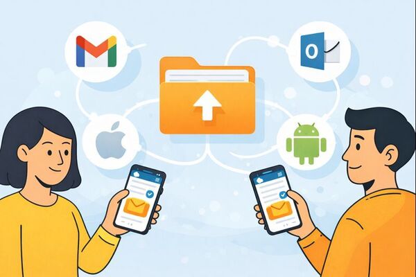 how-to-send-a-folder-by-email-gmail-outlook-iphone-android Illustration showing how to send a folder by email using Gmail and Outlook on iPhone and Android devices