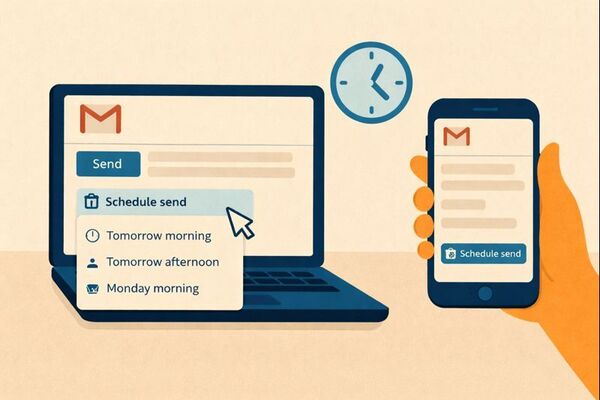 Illustration showing how to schedule an email in Gmail on desktop and mobile devices, with a laptop and smartphone displaying the scheduled send option.