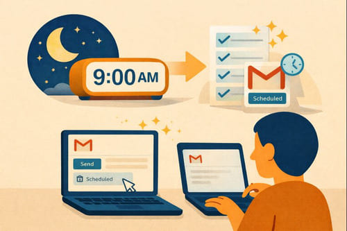 Illustration showing email scheduling in Gmail with a clock, checklist, and laptop, highlighting how scheduling emails improves time management and productivity.