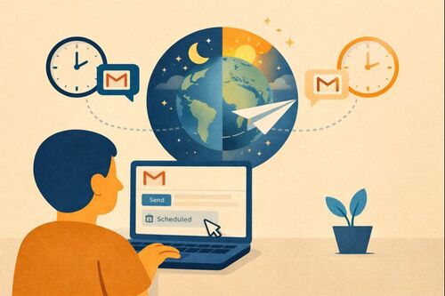 Illustration of scheduling emails in Gmail across time zones, with a laptop, globe showing day and night, and clocks to represent sending messages during local business hours