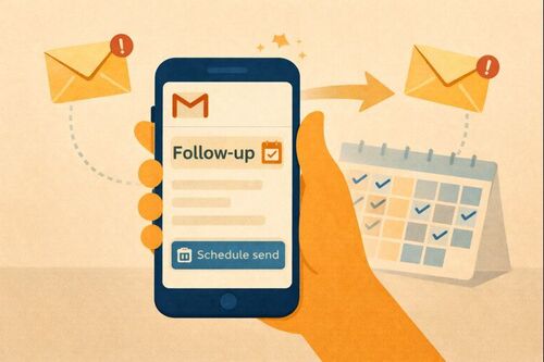 Illustration showing scheduled follow-up emails in Gmail, with a smartphone displaying a follow-up message, calendar checkmarks, and email icons to represent consistent and professional communication.