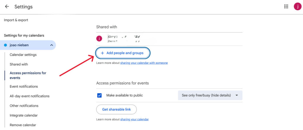 This is a screenshot on how to add groups and people to the calendar on google