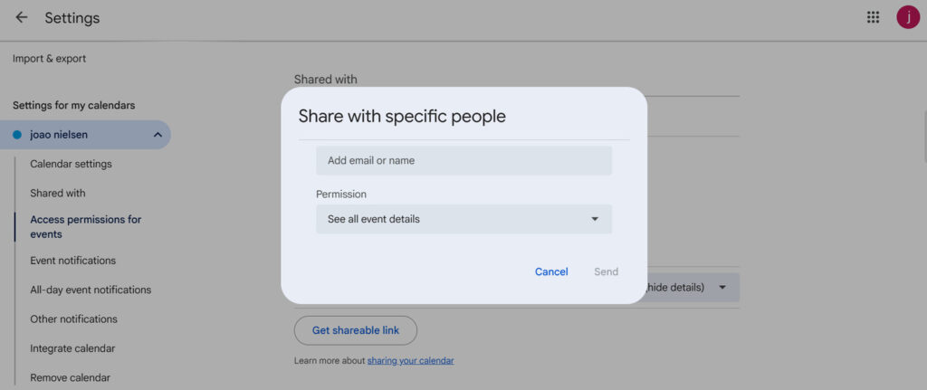 This is a screenshot of the third step on how to add groups and people to the calendar on google 