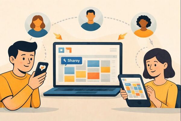 Illustration showing how to share a Google Calendar with multiple people on different devices, including laptop, tablet, and smartphone.