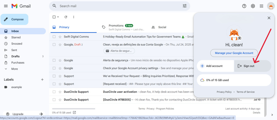This screenshot shows the second step of signing out on a desktop or laptop for the article: How to Sign Out of Your Google Account (Step-by-Step Guide).
