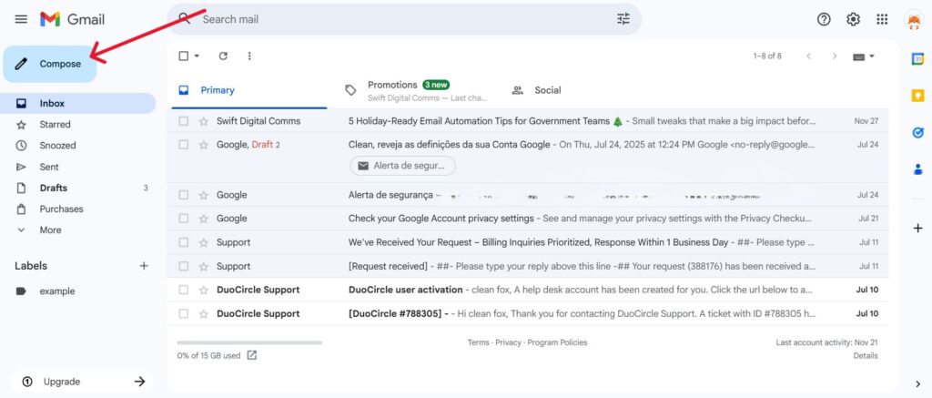 This is a screenshot of the first step on how to schedule an email in gmail for desktop
