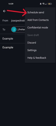 This screenshot shows the second step of scheduling an email in the Gmail mobile app.