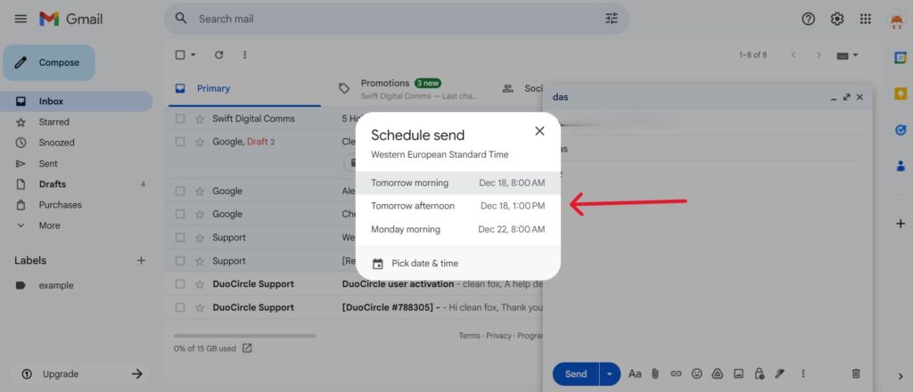 This is a screenshot of the third step on how to schedule an email in gmail for desktop