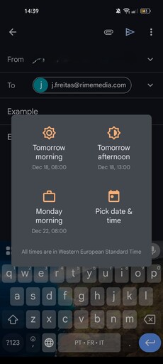 This screenshot shows the third step of scheduling an email in the Gmail mobile app.