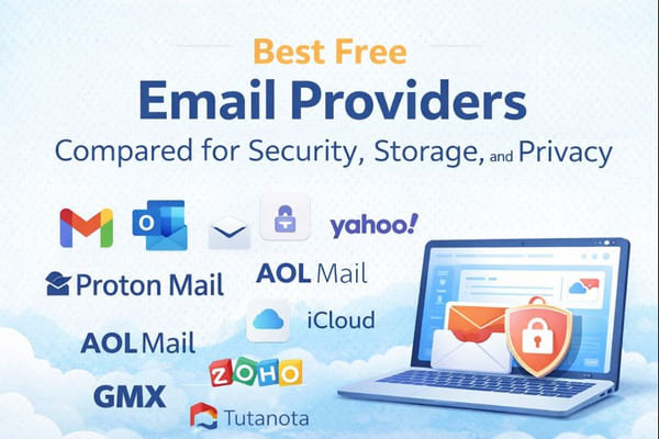 Comparison of the best free email providers showing security, storage, and privacy features including Gmail, Proton Mail, Outlook, Yahoo Mail, iCloud, Zoho, GMX, and Tutanota for the article Best Free Email Providers (Compared for Security, Storage, and Privacy)