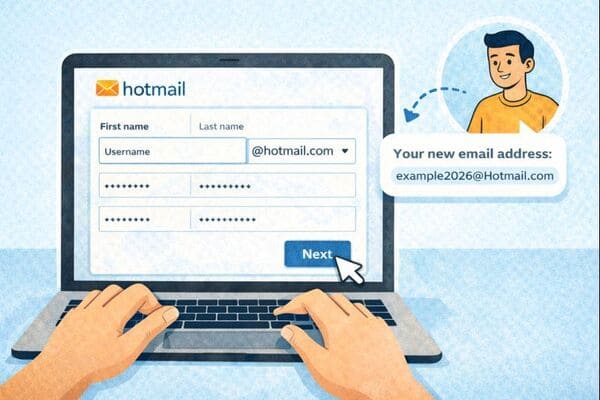 Illustration showing how to create a Hotmail account in 2026, with a user filling out the Hotmail sign-up form on a laptop