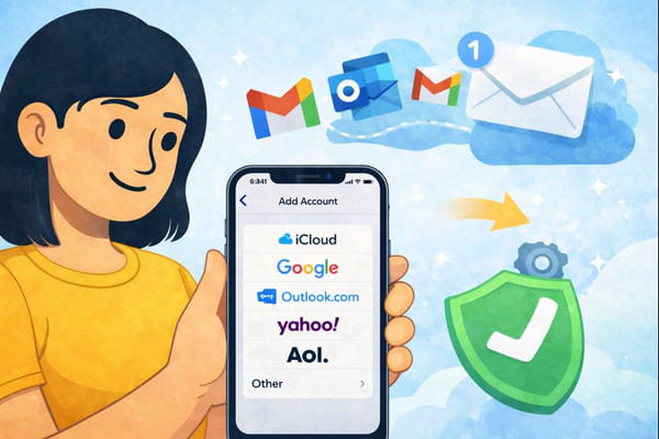 Illustration showing how to add an email account on iPhone, with the Mail app add account screen and popular email providers like Gmail, Outlook, and Yahoo for the article How to Add an Email Account on iPhone (Step-by-Step Guide)