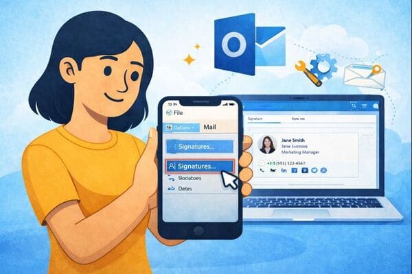 how-to-change-email-signature-outlook Illustration showing how to change an email signature in Outlook on desktop, web, and mobile devices.