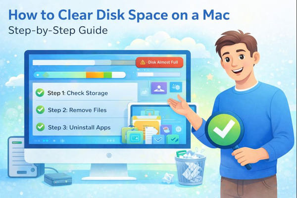 how-to-clear-disk-space-on-mac-step-by-step-guide Illustration showing how to clear disk space on a Mac, with a step-by-step guide to checking storage, removing files, and uninstalling apps to free up space.
