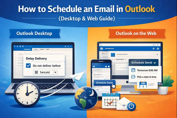 Illustration showing how to schedule an email in Outlook using Delay Delivery on desktop and Schedule Send on Outlook Web