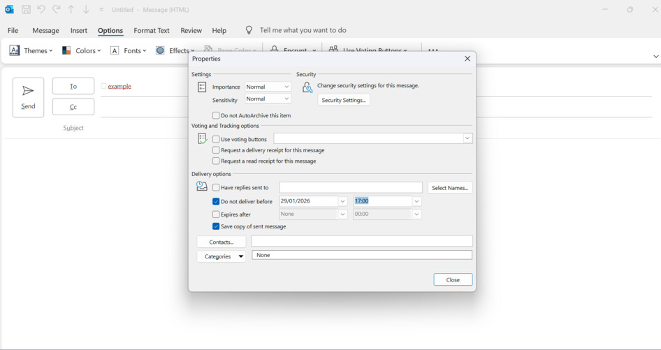 This is a screenshot of the third step on how to hiw to schedule an email in outlook desktop for the article How to Schedule an Email in Outlook (Desktop & Web Guide)