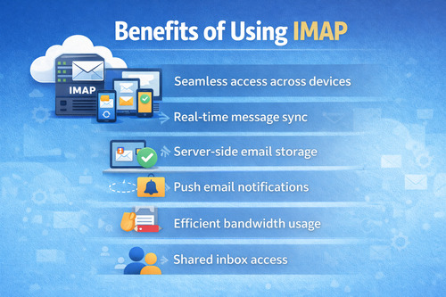 Infographic showing the benefits of using IMAP, including email synchronization across multiple devices, server-side storage, real-time updates, efficient bandwidth usage, and shared inbox access