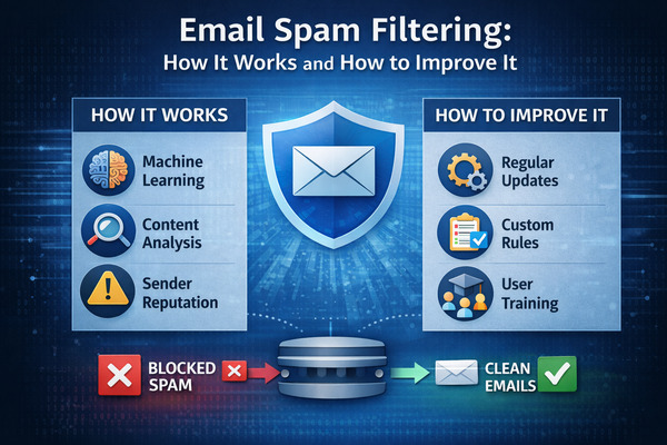 email-spam-filtering-how-it-works-improve-security Illustration showing how email spam filtering works, including machine learning, content analysis, sender reputation, and ways to improve email security.