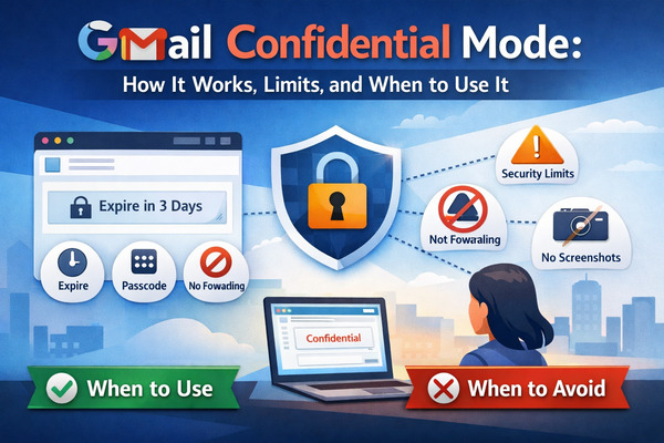 Infographic explaining Gmail Confidential Mode, including how it works, expiration dates, passcodes, security limitations, and when to use or avoid it.