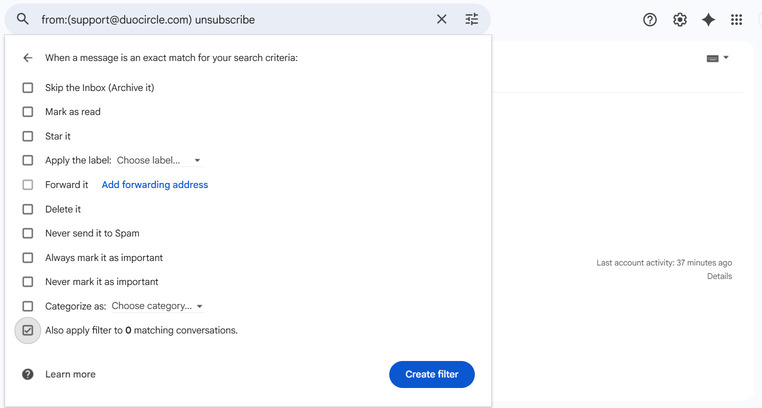 This is the fourth step in creating custom filters for incoming emails using Gmail’s Subscription Manager.