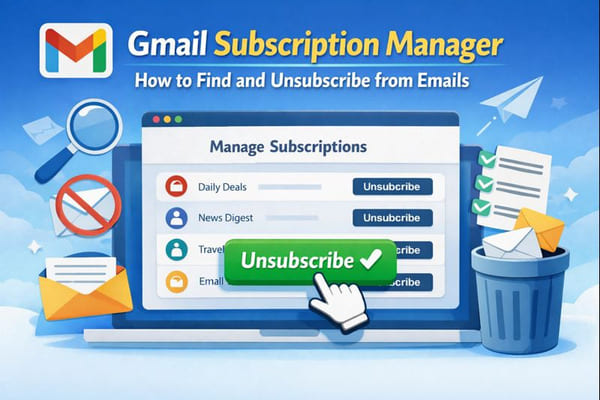 Gmail Subscription Manager showing how to find and unsubscribe from email subscriptions