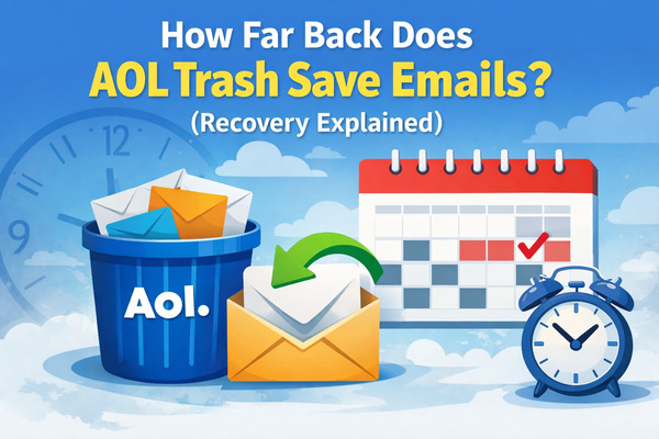 Illustration showing AOL Trash folder retention period with deleted emails, calendar, and clock representing the 7-day recovery window for the article: How Far Back Does AOL Trash Save Emails? (Recovery Explained)