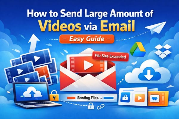 how-to-send-large-videos-via-email-easy-guide Illustration showing how to send large video files via email using cloud storage and file transfer tools for the article How to Send Large Amount of Videos via Email (Easy Guide)