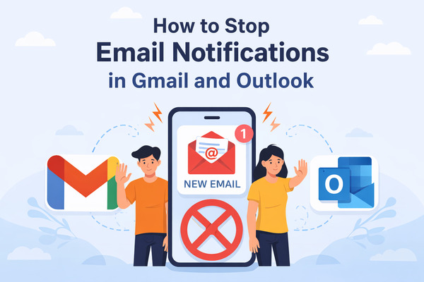 how-to-stop-email-notifications-gmail-outlook Illustration showing how to stop email notifications in Gmail and Outlook on mobile and desktop devices