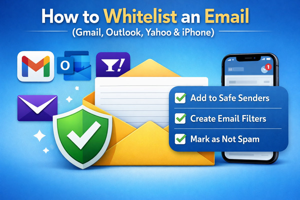 Infographic showing how to whitelist an email in Gmail, Outlook, Yahoo, and iPhone using safe sender lists, filters, and mark as not spam options for the artticle: How to Whitelist an Email (Gmail, Outlook, Yahoo & iPhone)