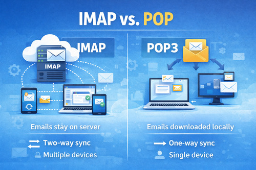 Visual comparison between IMAP and POP showing IMAP syncing emails across multiple devices with two-way synchronization, while POP3 downloads emails to a single device with one-way sync
