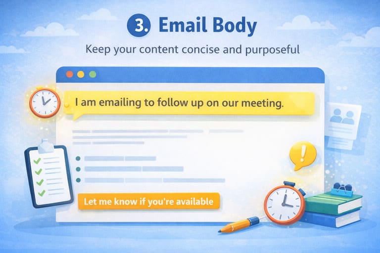 Professional email body example showing concise paragraphs, a clear purpose, and a strong call to action for the article Professional Email Format: How to Structure Emails