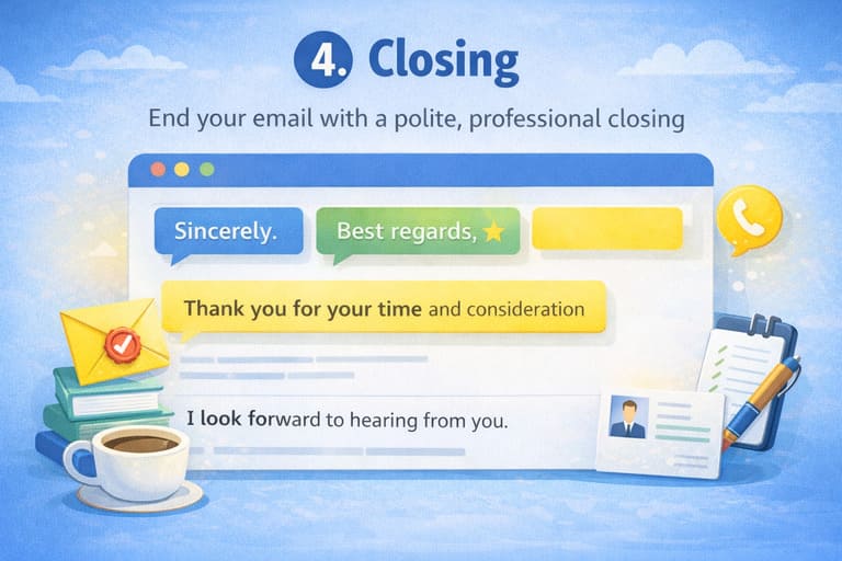 Professional email closing examples showing polite sign-offs like “Sincerely” and “Best regards” before the signature for the article Professional Email Format: How to Structure Emails