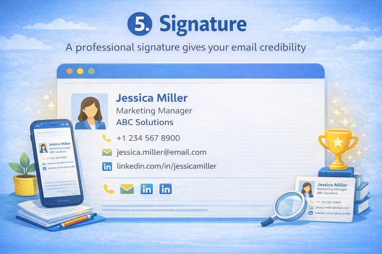 Professional email signature example showing name, job title, company, phone number, and LinkedIn profile