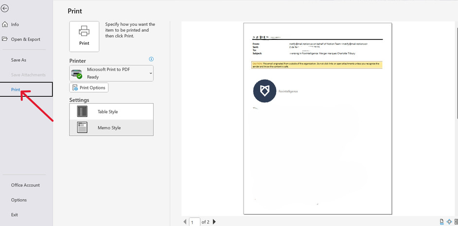 This is a screenshot showing the third step to save an email as a PDF in outlook for the article How to Save an Email as a PDF