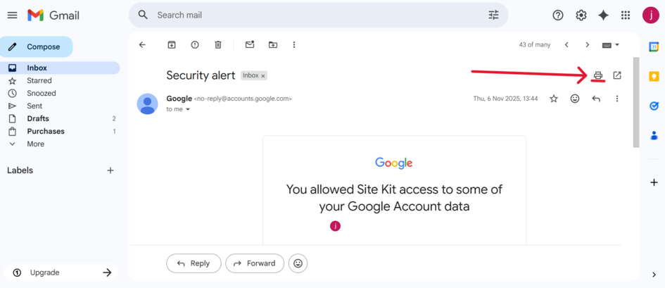 This is a screenshot showing the first step to save an email as a PDF in Gmail for the article “How Do I Save an Email as a PDF? Step-by-Step Guide.”