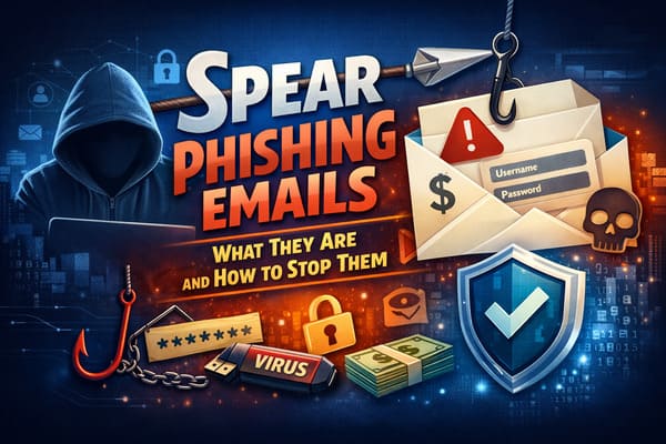Illustration of spear phishing emails showing a hacker, a spoofed email with login fields, malware icons, and security shield protection concept for the article Spear Phishing Emails: What They Are and How to Stop Them