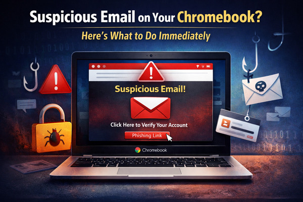 suspicious-email-on-chromebook-security Suspicious email alert displayed on a Chromebook screen with phishing warning, illustrating what to do immediately to protect your account