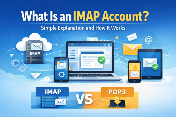 Visual explanation of an IMAP account showing how emails are stored on a server and synchronized across multiple devices like a laptop, smartphone, and tablet