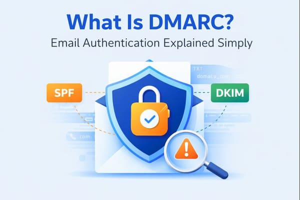 Illustration explaining what DMARC is and how email authentication works using SPF and DKIM