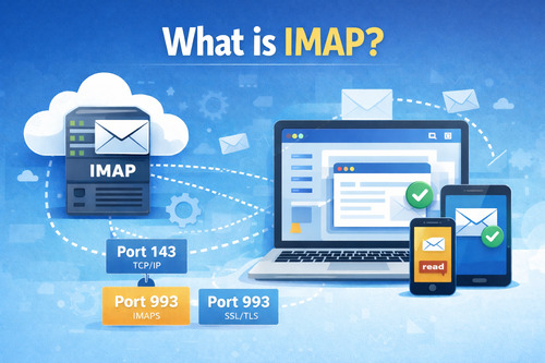 Visual comparison between IMAP and POP showing IMAP syncing emails across multiple devices with two-way synchronization, while POP3 downloads emails to a single device with one-way sync
