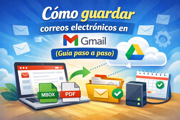 Ilustración que muestra cómo guardar correos electrónicos en Gmail paso a paso, incluyendo opciones para exportar emails como PDF o MBOX y almacenarlos en Google Drive o en un ordenador.