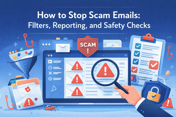 Illustration showing how to stop scam emails using email filters, reporting tools, and security checks to protect your inbox for the article How to Stop Scam Emails: Filters, Reporting, and Safety Checks