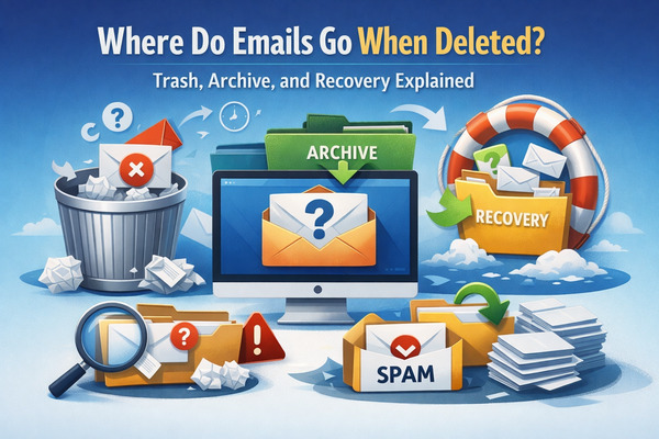 Illustration explaining where emails go when deleted, including trash, archive, spam folders, and email recovery process